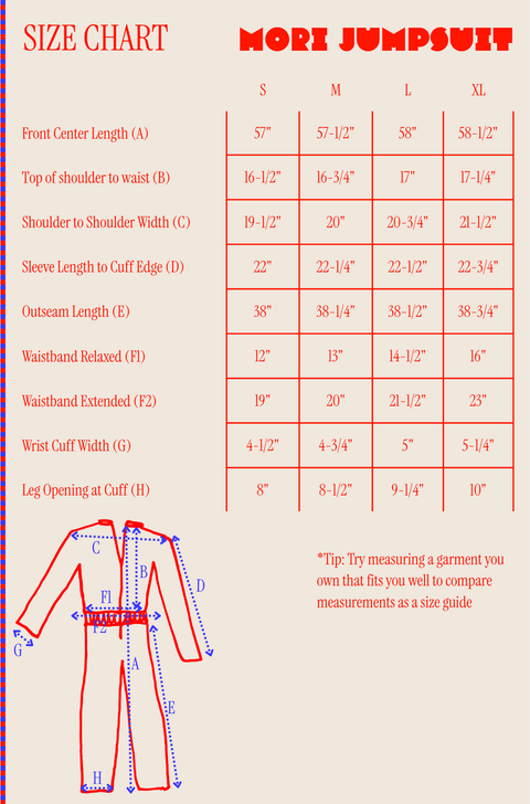 Size Chart for Mori Jumpsuit with measurements in inches